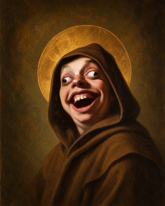 A digitally altered classical painting depicts a monk with a golden halo wearing a brown robe, featuring a comical, wide-eyed, smiling human face superimposed on the figure.