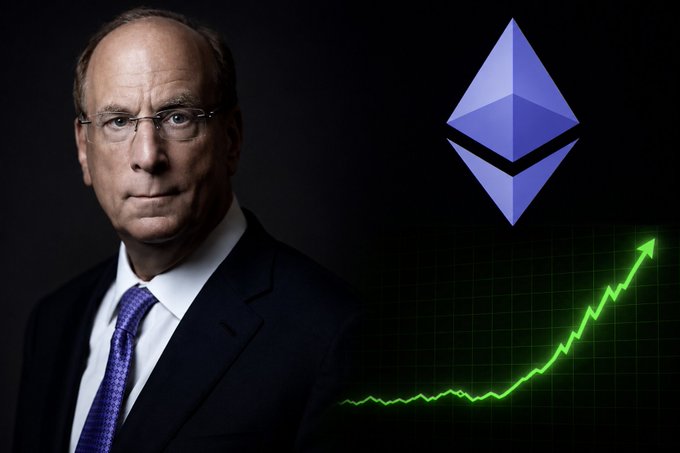 Portrait of an older man in a dark suit and blue tie, positioned next to the Ethereum symbol and a green upward-trending line chart.