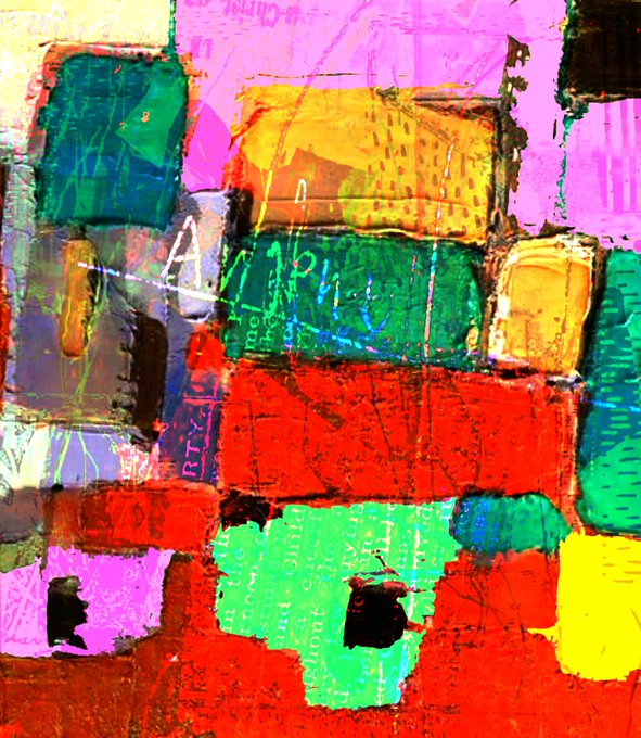 The image features a colorful abstract painting with various shapes, including squares, rectangles, and triangles of different colors such as pink, green, yellow, and blue. The artwork appears to be a collage or mixed media piece that showcases an array of vibrant hues and textures. The painting is displayed on a canvas, which is placed against the backdrop of a gray wall. The image also includes text in the corner, reading "15:43 N365-5/29 dai".