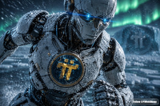 A digital artwork of a damaged robotic figure with glowing blue eyes, featuring a Pi (π) cryptocurrency logo on its chest in a snowy environment, watermarked '@PiWeb3Army'.