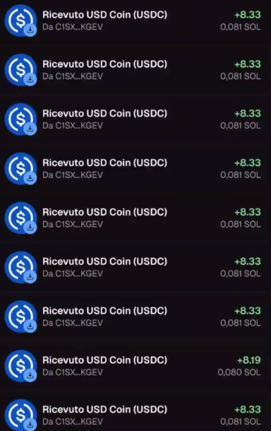 A list of cryptocurrency transaction notifications showing multiple receipts of 'Ricevuto USD Coin (USDC)' for approximately 0.081 SOL each from CISX...KGEV.