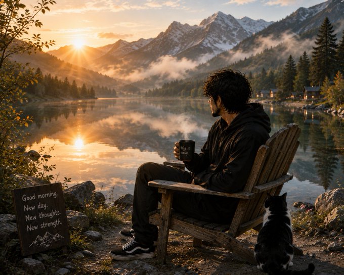 A man sits in a wooden chair by a serene mountain lake at sunrise, holding a mug, with a black and white cat beside him and a sign reading 'Good morning. New day. New thoughts. New strength'.