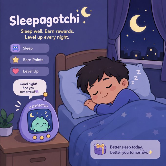 The image features a cartoon boy sleeping peacefully in bed next to a purple alarm clock that has a green frog on its face. The caption of the image reads "Good Afternoon Fam, @sleepagotchi is changing the way we think about sleep. Instead of treating sleep as something passive, Sleepagotchi turns healthy sleep habits into an engaging experience with rewards, progression, and consistency tracking."