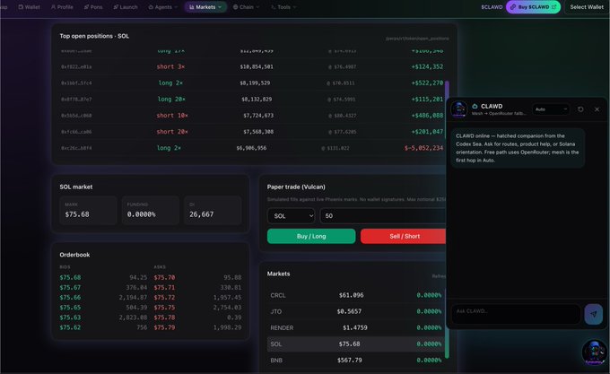A cryptocurrency trading dashboard (CLAWD) showing top open positions, orderbook data, and SOL market info at $75.68, alongside an AI assistant chat window explaining CLAWD as a tool for OpenRouter mesh exploration.