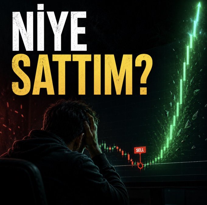 A frustrated trader holds his head in his hands while staring at a green candlestick chart featuring a red "SELL" marker, beneath the bold Turkish text "NİYE SATTIM?" (Why did I sell?), capturing the regret of selling a coin too early only to watch its price skyrocket.