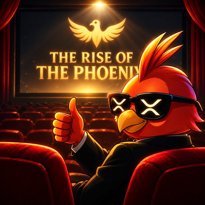An illustration of a red cartoon phoenix character wearing sunglasses with 'X' eyes, dressed in a suit and giving a thumbs up, sitting in a movie theater in front of a screen displaying 'THE RISE OF THE PHOENIX' with a golden phoenix logo.