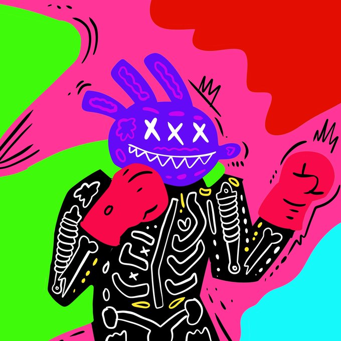 A vibrant, graffiti-style digital illustration featuring a purple cartoon character with bunny-like ears, X-X eyes, and a wide toothy grin, wearing a black jacket with white bone patterns and red boxing gloves, set against a colorful background of pink, green, red, and cyan.