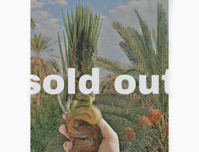 A surreal, distorted photograph showing a hand holding a twisted palm tree against a background of palm trees, overlaid with large white text reading 'sold out'.