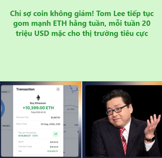 A Vietnamese crypto news graphic with the headline 'Chỉ số coin không giảm! Tom Lee tiếp tục gom mạnh ETH hàng tuần, mỗi tuần 20 triệu USD mắc cho thị trường tiêu cực', showing an Ethereum transaction of +10,399.00 ETH worth $19.42M alongside a photo of Tom Lee.