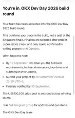 An announcement from OKX Dev Day 2026 build round stating that finalists have been selected for in-person presentations on 6 October in Singapore, with submission deadlines of 23:59 UTC on 29 and 30 September.