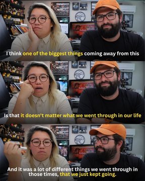 A vertical screenshot of a YouTube video featuring a blonde woman and a bearded man in an orange cap, with captions reading "I think one of the biggest things coming away from this," "Is that it doesn't matter what we went through in our life," and "And it was a lot of different things we went through in those times, that we just kept going."