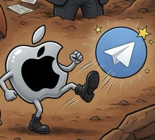 A cartoon image shows the Apple logo character wearing boots and kicking the blue Telegram paper airplane logo in a dynamic, action-packed scene.