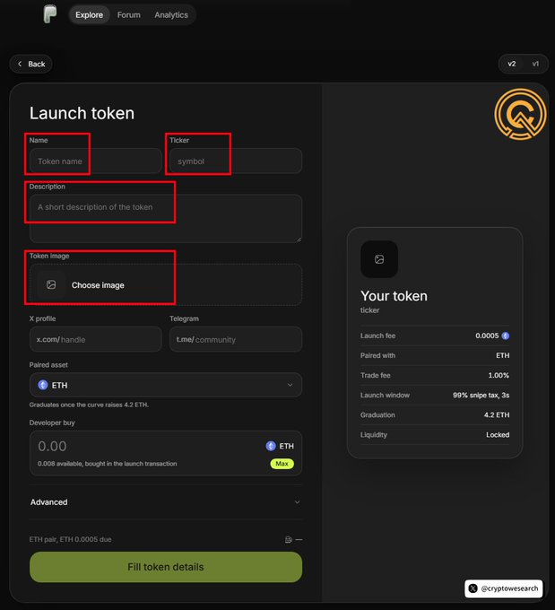 Screenshot of a 'Launch token' form with fields for Name, Ticker, Description, and Token image highlighted in red, alongside a preview panel showing details like a 0.0005 ETH launch fee and 4.2 ETH graduation. Twitter handle @cryptowesearch is visible.