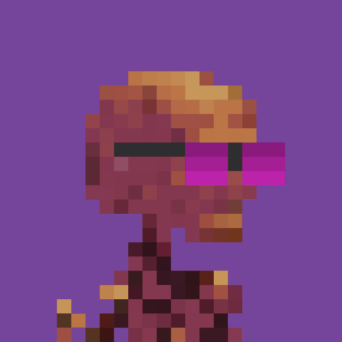 A pixel art illustration depicts a humanoid figure with magenta hair and glowing pink visor eyes against a solid purple background.