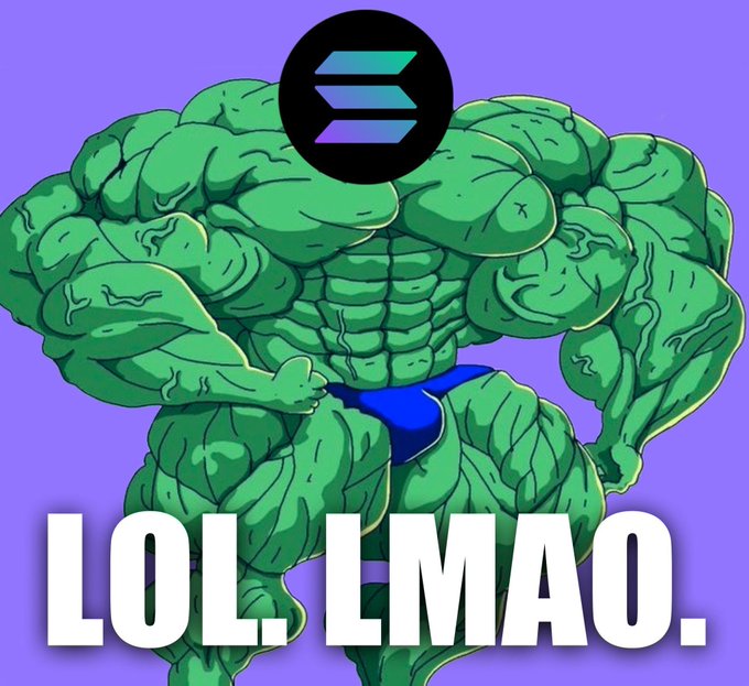 A muscular green Hulk-like figure with the Solana logo replacing its head stands in blue underwear against a purple background, with the bold white text "LOL. LMAO." at the bottom. The image humorously captures the post's tone of disbelief at Solana's rapid ecosystem growth, featuring multiple project launches and dominance in transaction activity, as if to say "the pace of development is absurd."