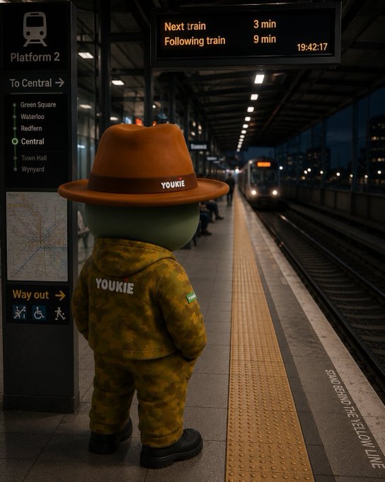 A 3D-rendered character wearing an orange hat and camouflage outfit with 'YOUKIE' text on the back, standing on a train platform labeled 'Platform 2' with a digital sign showing train arrival times.