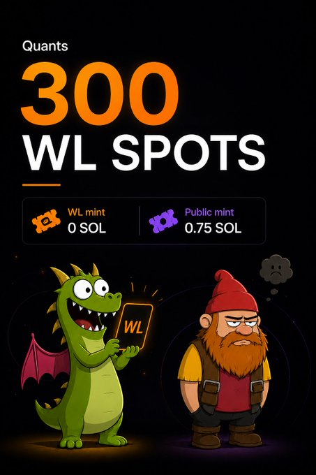 A promotional graphic on a black background titled "Quants" advertising "300 WL SPOTS" with pricing: WL mint at 0 SOL and Public mint at 0.75 SOL, featuring cartoon characters including an excited green dragon holding a "WL" card and a grumpy dwarf in red.