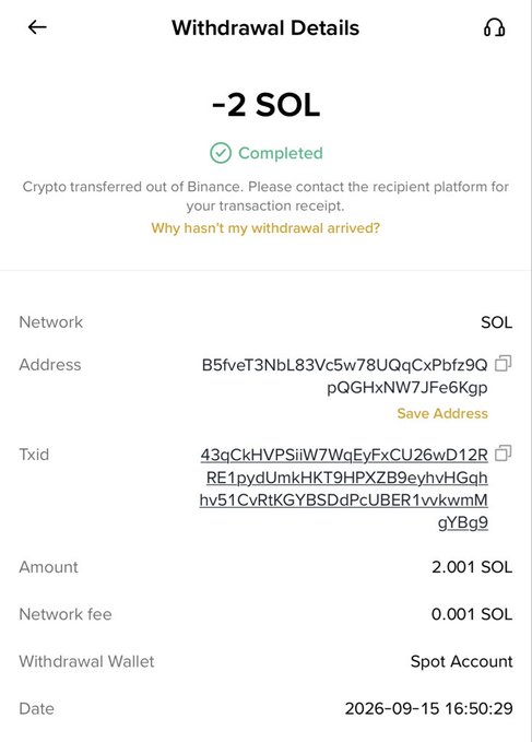 A Binance withdrawal confirmation showing -2 SOL successfully sent to address B5fveT3NbL83Vc5w78UQqCxPbfz9QpQGHxNW7JFe6Kgp on the Solana network, with a 0.001 SOL network fee, dated 2026-09-15. The image serves as proof of payment for the giveaway winner, displaying the recipient's wallet address and transaction ID (Txid).
