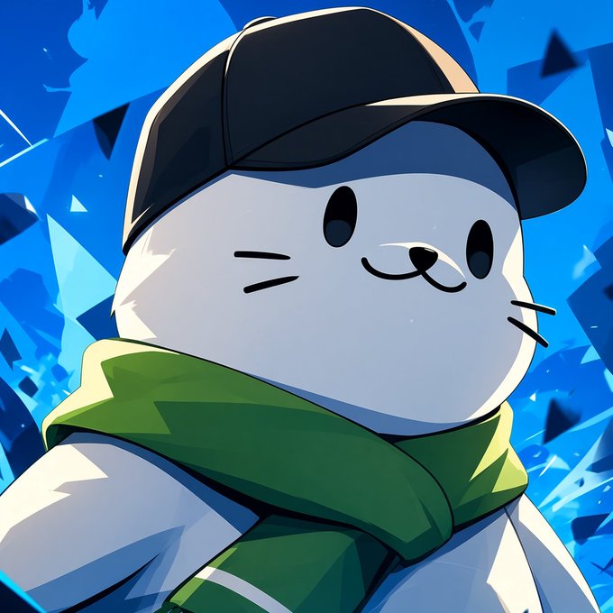 A cute white cartoon cat wearing a black cap and green scarf winks at the viewer against a vibrant blue background with shattered geometric shapes. The post's comment "these are pretty cool" appears to refer to this charming and stylish character artwork.