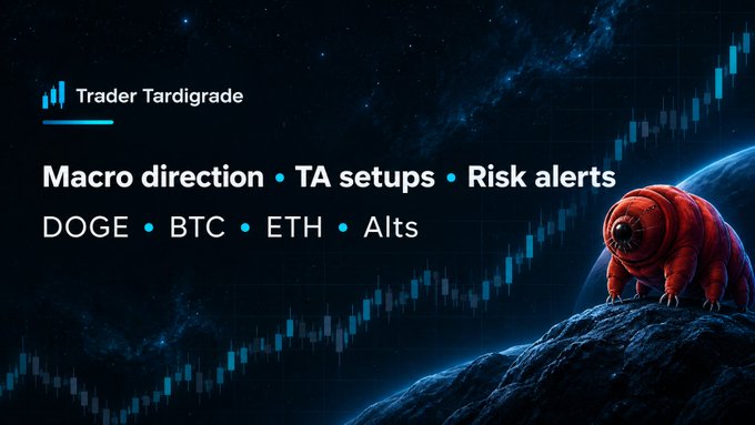 A promotional banner for 'Trader Tardigrade' set against a space background with a trading chart, advertising macro direction, TA setups, and risk alerts for DOGE, BTC, ETH, and Alts, featuring a tardigrade creature on a rock on the right.