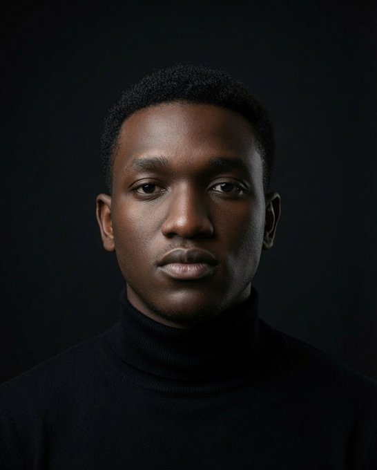 A studio portrait of a young Black man with short hair wearing a black turtleneck sweater, photographed against a dark background with dramatic lighting on his face.