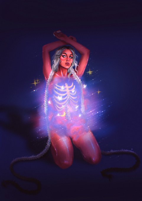 A digital painting of a kneeling woman with glowing, colorful skeletal ribs visible through her torso, set against a dark blue starry background with glowing trails.