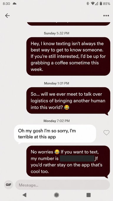 A dating app conversation shows someone suggesting coffee to discuss 'bringing another human into this world,' then offering their phone number after the other person apologizes for being slow to respond.