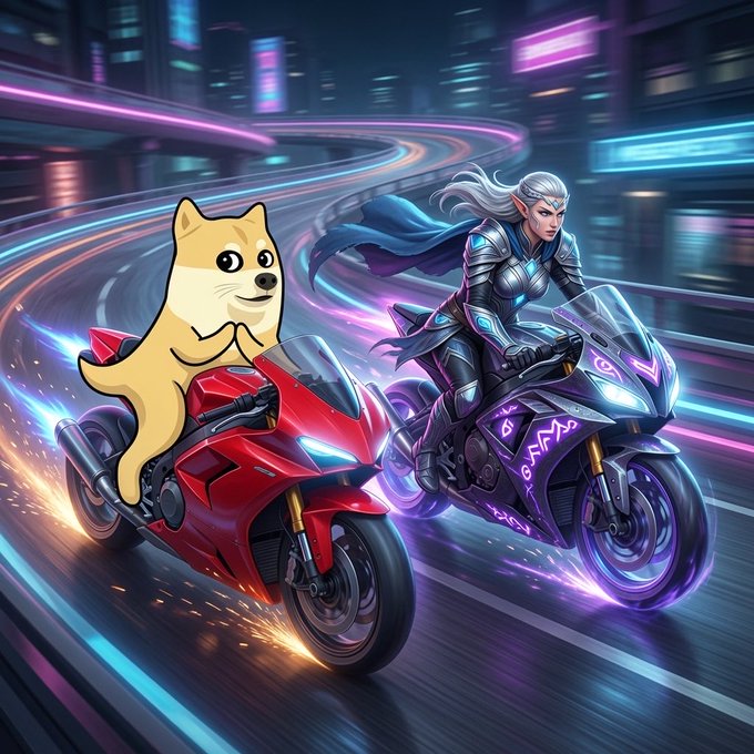 Digital artwork depicting a Doge/Shiba Inu character riding a red motorcycle alongside a silver-haired elven warrior on a purple glowing motorcycle through a neon-lit futuristic cityscape.