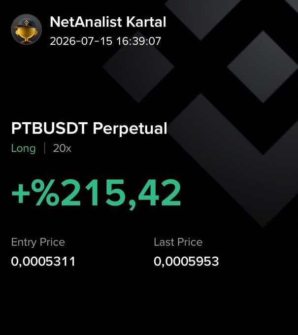 A trading signal screenshot from "NetAnalist Kartal" posted on July 15, 2026, showing a PTBUSDT Perpetual Long position at 20x leverage that yielded a +215.42% gain, with entry price at 0.0005311 and last price at 0.0005953. The image appears to serve as proof of a successful trade to promote a #Giveaway of 1000TL to three people, requiring participants to RT, Like, and leave their IBAN in TRC20 format, with the hashtag suggesting PTB's future will be "gifted."