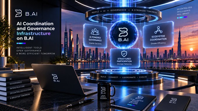 Promotional graphic for B.AI showcasing AI Coordination and Governance Infrastructure with a futuristic Dubai skyline background and features like AI Powered Governance, Ecosystem Coordination, and Structured Participation.