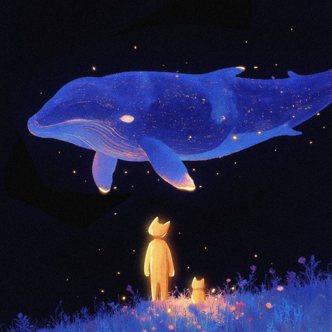 A whimsical digital illustration showing a person and a small fox standing in a field of flowers, looking up at a giant cosmic blue whale floating in a starry night sky.