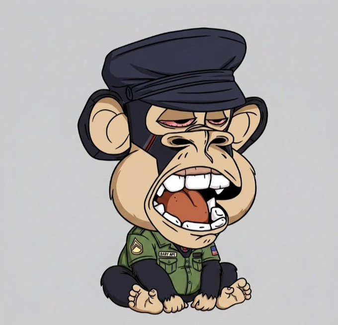 A cartoon illustration of a Bored Ape-style monkey wearing a military cap and uniform, with bloodshot eyes and an open-mouthed grimace.