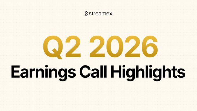A clean promotional graphic with the 'streamex' logo announcing 'Q2 2026 Earnings Call Highlights' in bold gold and black text.