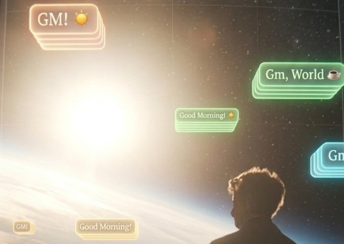 A person looks up at a starry sky toward floating neon signs reading 'GM! ☀️', 'Gm, World ☕', 'Good Morning! ✨', 'GMI', and 'Good Morning!'.
