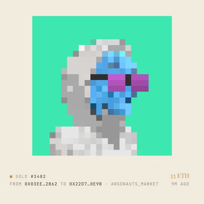 A pixel art NFT sold for 33 ETH on ARGONAUTS_MARKET 9 months ago, depicting a blue-skinned figure blowing a pink bubblegum bubble against a green background, sold #3482.