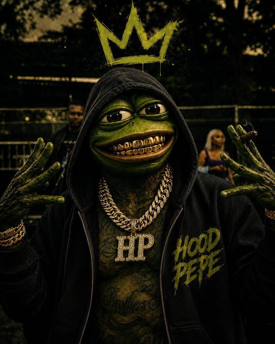 A green, frog-like character wearing a black hoodie with 'HP' and 'HOOD PEPE' lettering, gold chains, and a graffiti crown, holds its hands up in a gesture, with a person blurred in the background.
