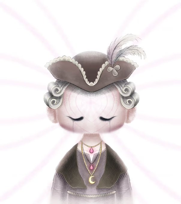 A whimsical digital illustration of a pale, big-eyed character with curly hair wearing a grey tricorne hat with feathers, a brown shawl, and necklaces with pink and crescent moon pendants.