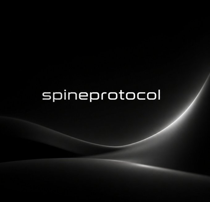 A minimalist dark-themed logo screen displaying the text 'spineprotocol' in a sleek white font against a black background with subtle flowing light curves.