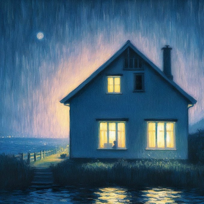 The image features a painting of a house with its windows lit up, creating an atmosphere of warmth and comfort during nighttime or evening hours. The house appears to be situated near water, as indicated by the presence of a body of water within the scene. In the background, there is a full moon visible in the sky, adding to the overall ambiance of the painting. The post includes a message about taking care on Saturday evening/night and mentions Beacon, which could potentially be a reference to the artist or someone who created this beautiful piece of art.