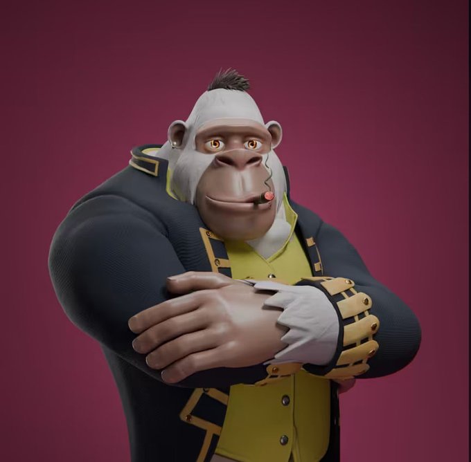 A confident 3D ape stands with arms crossed in a black-and-gold outfit against a magenta background. The image reinforces the accompanying caption, “Geez on Top!! Rida on Top!! ApeChainHUB on Top!!,” by presenting an ape character as a symbol of being “on top.”