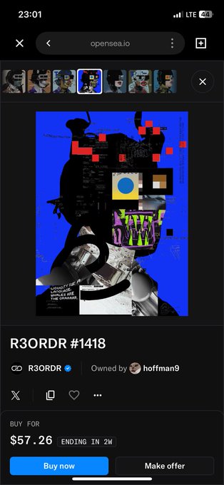 A mobile screenshot of the OpenSea NFT marketplace displaying the 'R30RDR #1418' collection with a glitch-art style portrait, currently listed at $57.26 by user 'hoffman9'.