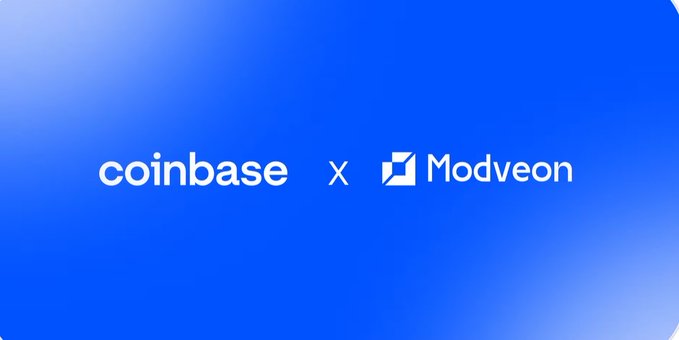 A blue gradient background displays the logos for 'coinbase' and 'Modveon' separated by an 'X', indicating a collaboration between the two companies.