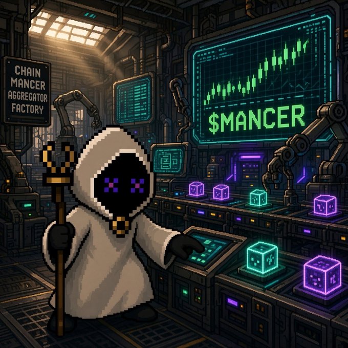 A pixel-art style illustration of a hooded figure holding a staff in a futuristic control room with a 'CHAIN MANCER AGGREGATOR FACTORY' sign and a screen displaying '$MANCER' with a green candlestick chart.