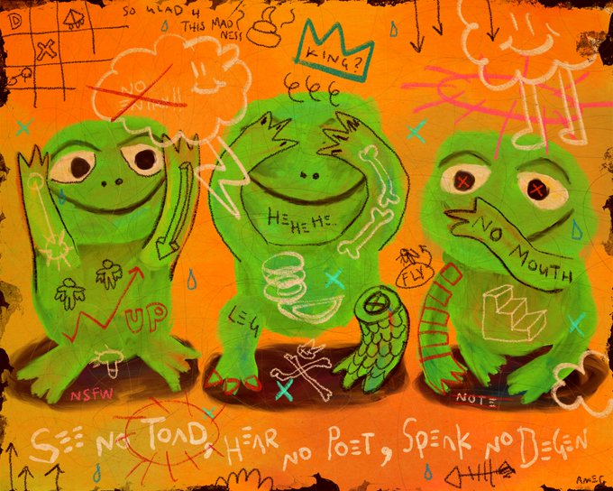 A colorful graffiti-style tribute featuring three green cartoon toads covered in handwritten tags, doodles, and phrases like "NO MOUTH," "HEHEHE," "KING?," and "SEE NO TOAD, HEAR NO POET, SPEAK NO DEGEN," serving as a visual homage to the late Degen Poet and his beloved Poet Toads from the Solana NFT community.