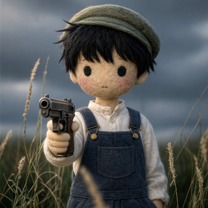 A felt doll-like figure wearing a green beret and denim overalls points a small pistol at the viewer, set against a moody, cloudy field.