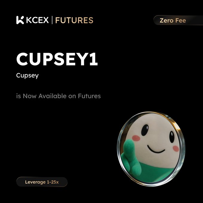 A black promotional banner from KCEX Futures announcing that 'CUPSEY1' is now available on futures trading with zero fees and 1-25x leverage, featuring a smiling plush mascot coin.