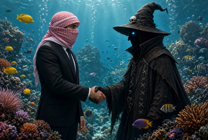 A surreal AI-generated image of a man in a suit wearing a keffiyeh shaking hands underwater with a dark, hooded witch-like figure surrounded by tropical fish and coral reefs.