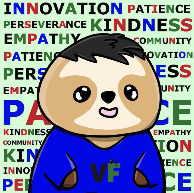 A cartoon illustration of a smiling sloth-like character wearing a blue "VF" shirt, set against a background filled with colorful repeated words like "INNOVATION," "PATIENCE," "KINDNESS," "EMPATHY," and "COMMUNITY."