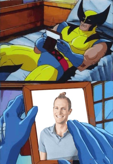 A comic book panel shows Wolverine from X-Men lying on a bed reading a book, with a second panel showing blue-gloved hands holding a framed photo of a smiling man with a man-bun hairstyle.