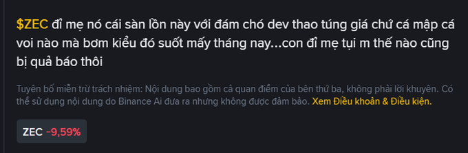 A Binance AI disclaimer about ZEC with Vietnamese text criticizing the token's developer team, showing ZEC down -9.59%.